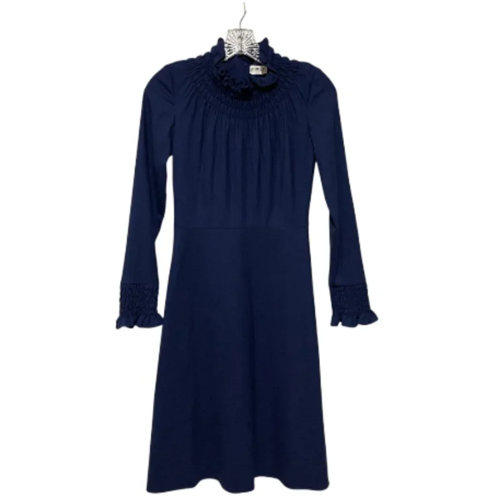 The Fold Size 8 Mock Ruffle Neck Long Sleeve Navy Virgin Wool Dress - Picture 2 of 7